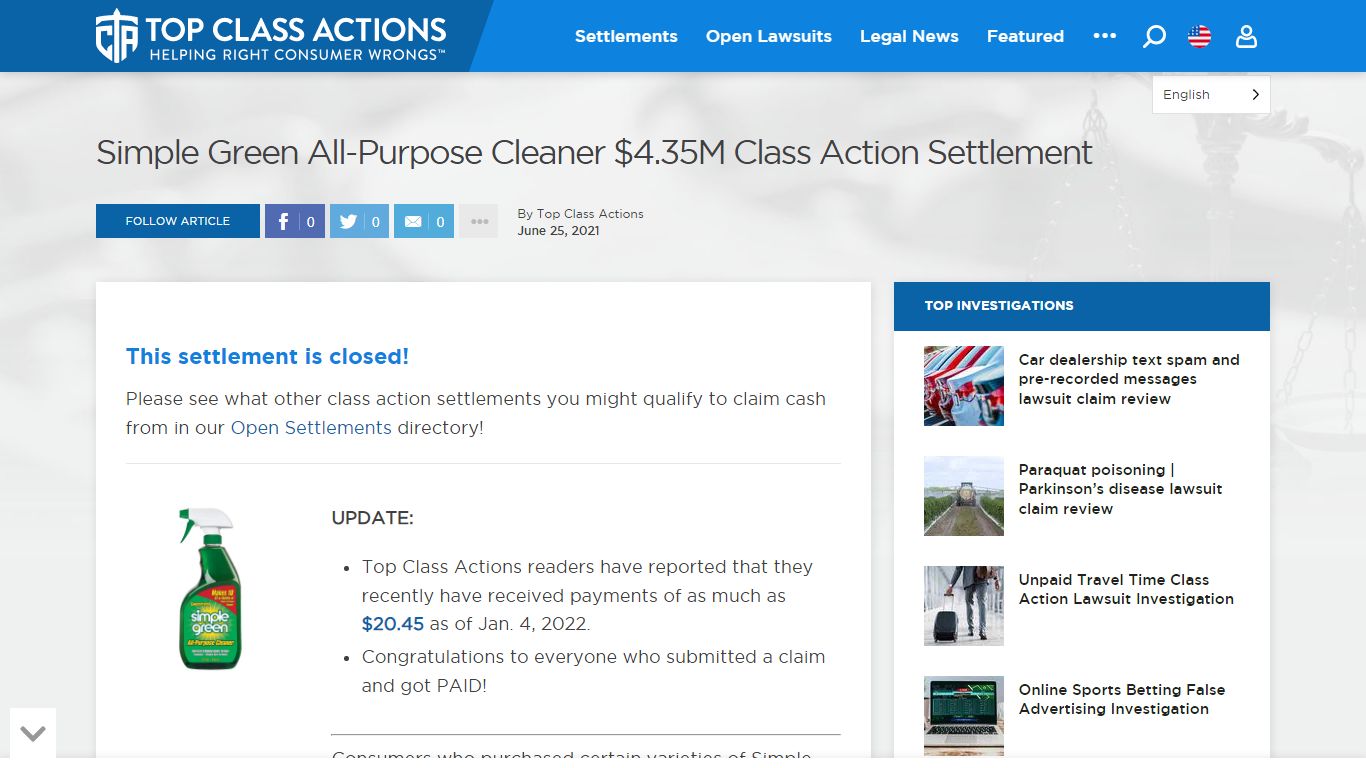 Simple Green All-Purpose Cleaner $4.35M Class Action Settlement