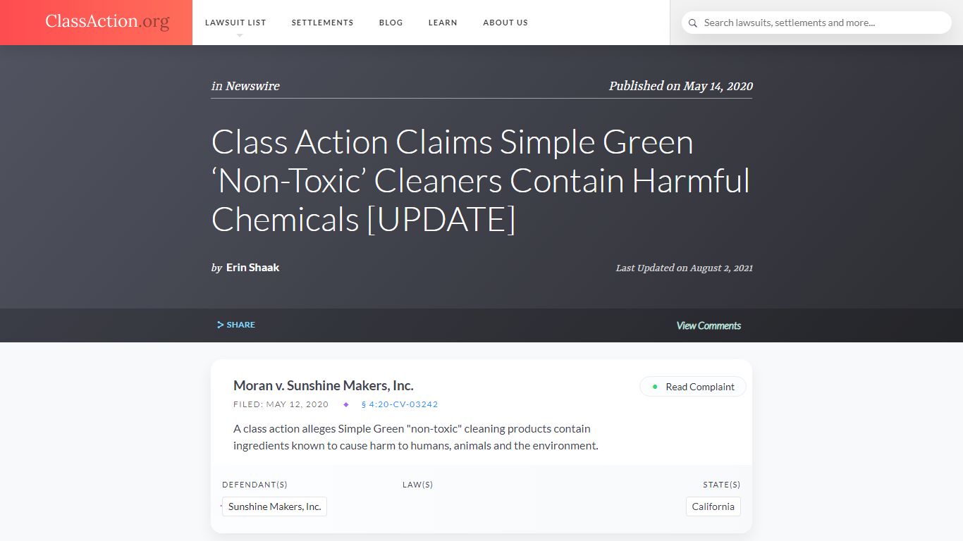 Class Action Claims Simple Green ‘Non-Toxic’ Cleaners Contain Harmful ...